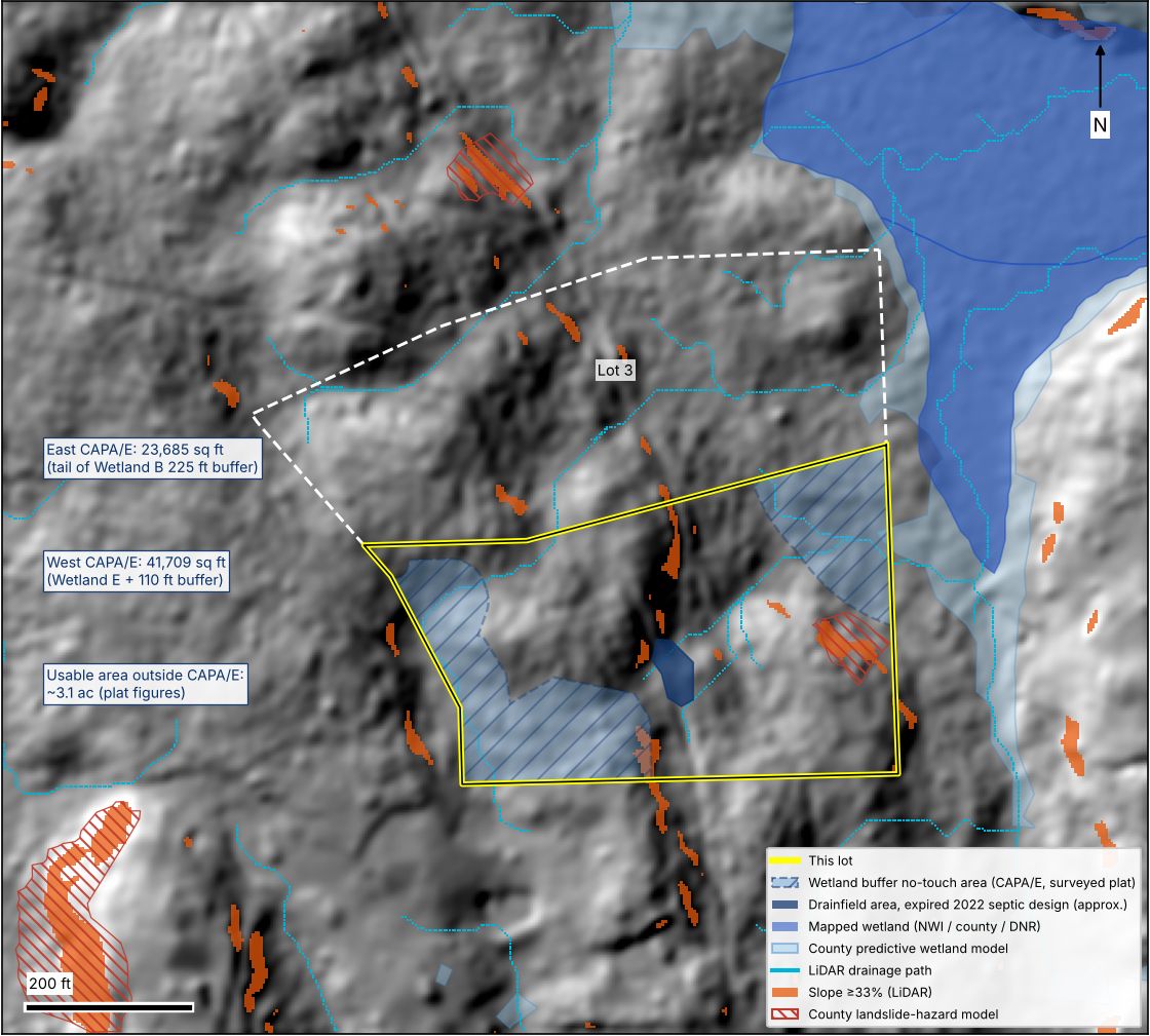 LiDAR map of the sample lot outlined in yellow, with the recorded wetland buffer areas hatched in blue, the old drainfield area, mapped wetlands, drainage paths, and steep slopes marked.